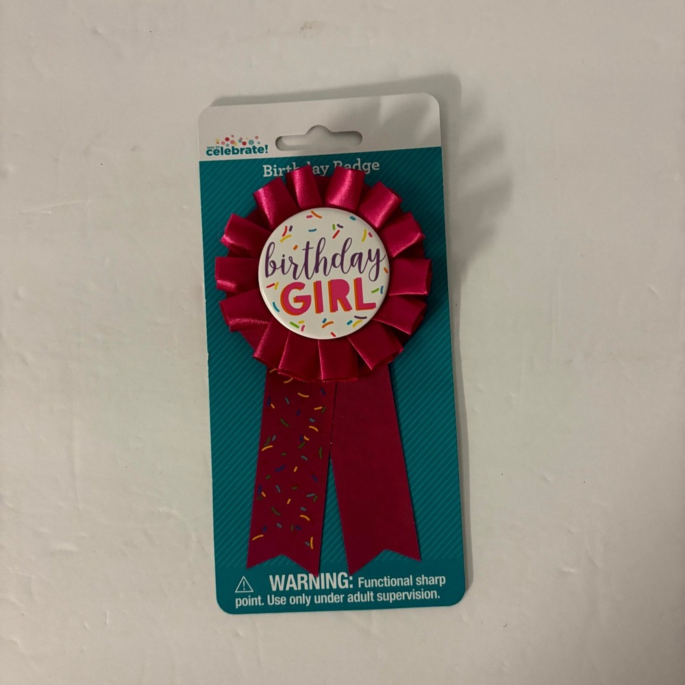 Way to Celebrate Birthday Girl Award Ribbon Rosette Pink Party Badge Pin New